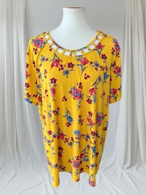 Cato Est. 1946 Multicolor Short Sleeve Floral Top-Size 2X-Cute Neck Detail